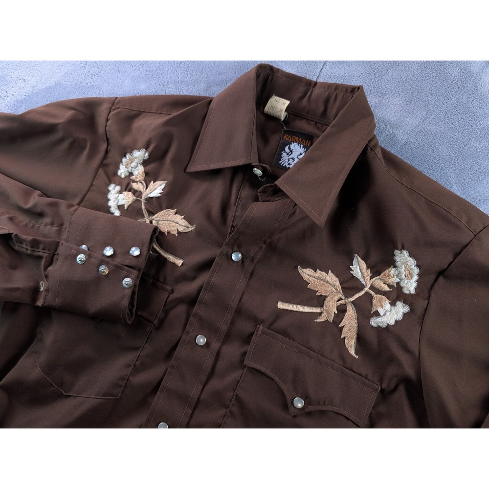 Vintage Karman Western Shirt Brown Floral Embroidered Pearl Snap 14.5-32 Mens